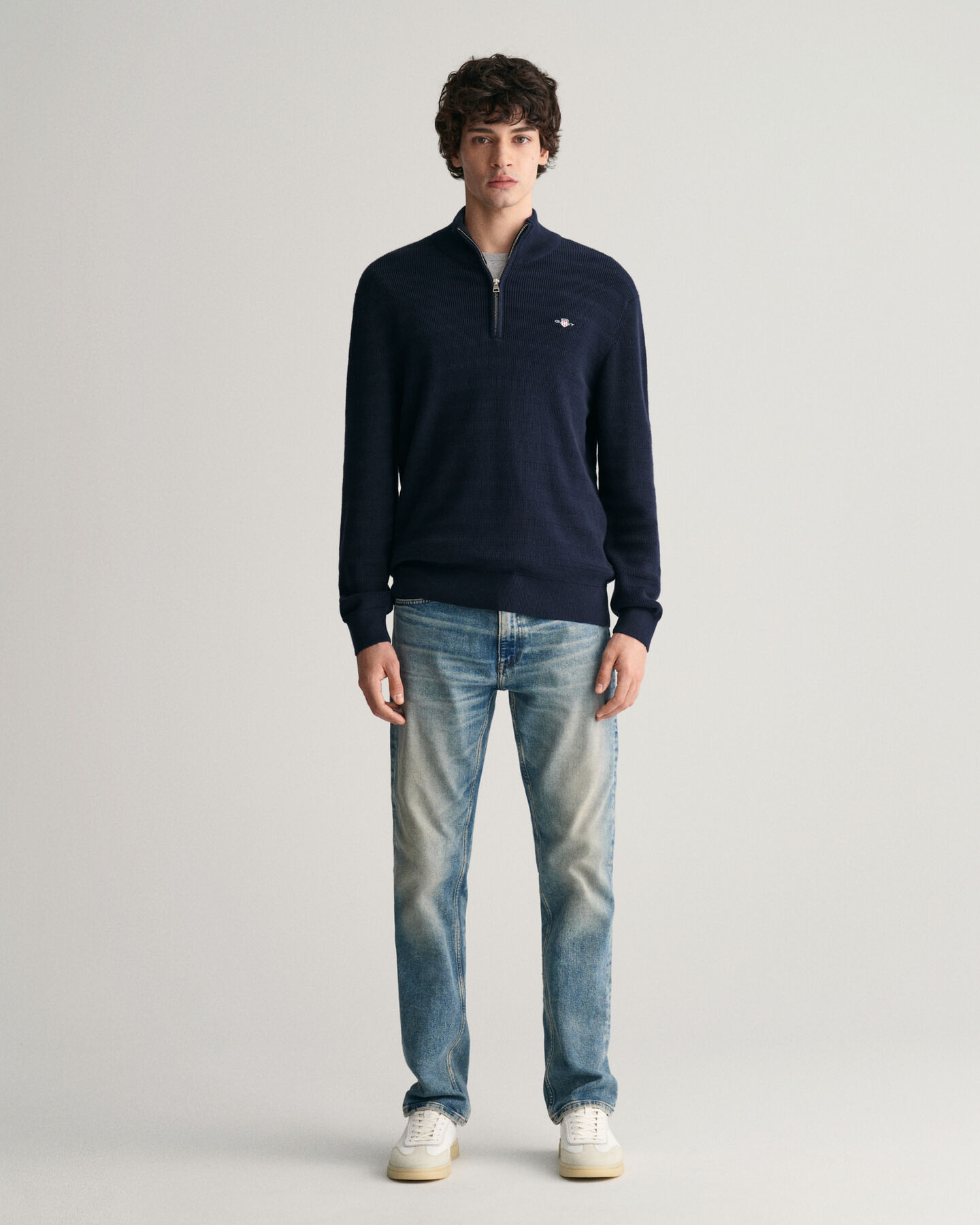 Maglia a righe in cotone testurizzato con zip corta