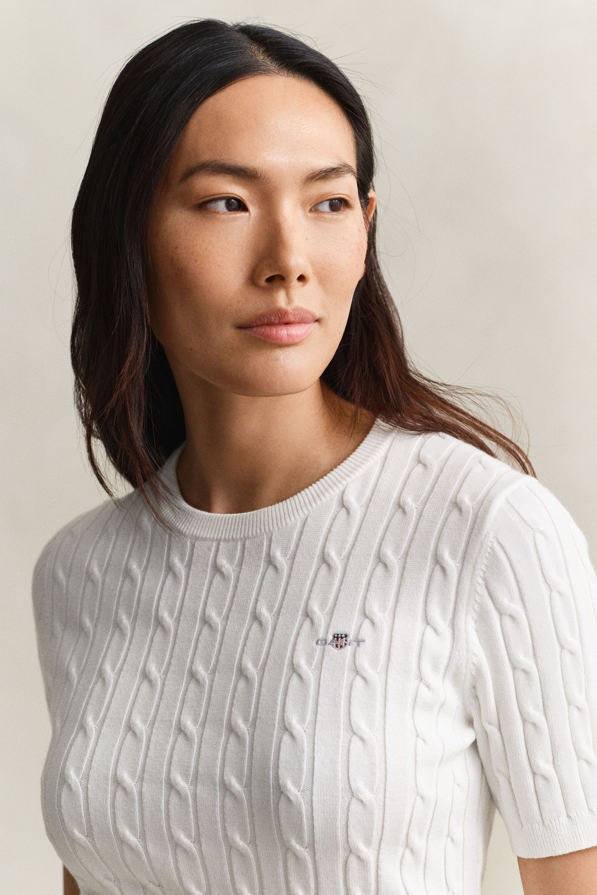 Maglia a trecce maniche corte in cotone elasticizzato