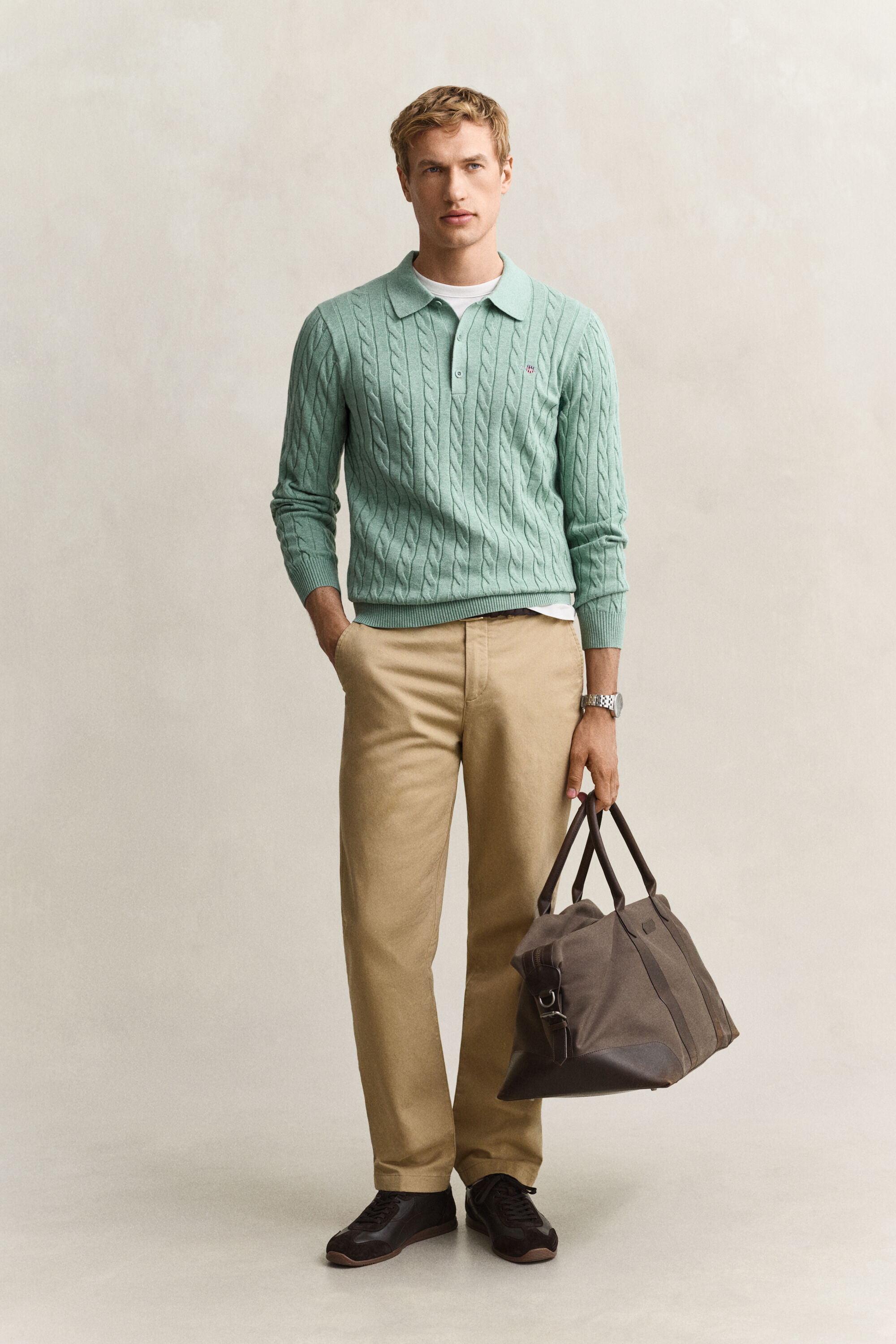 Polo in maglia a trecce in cotone