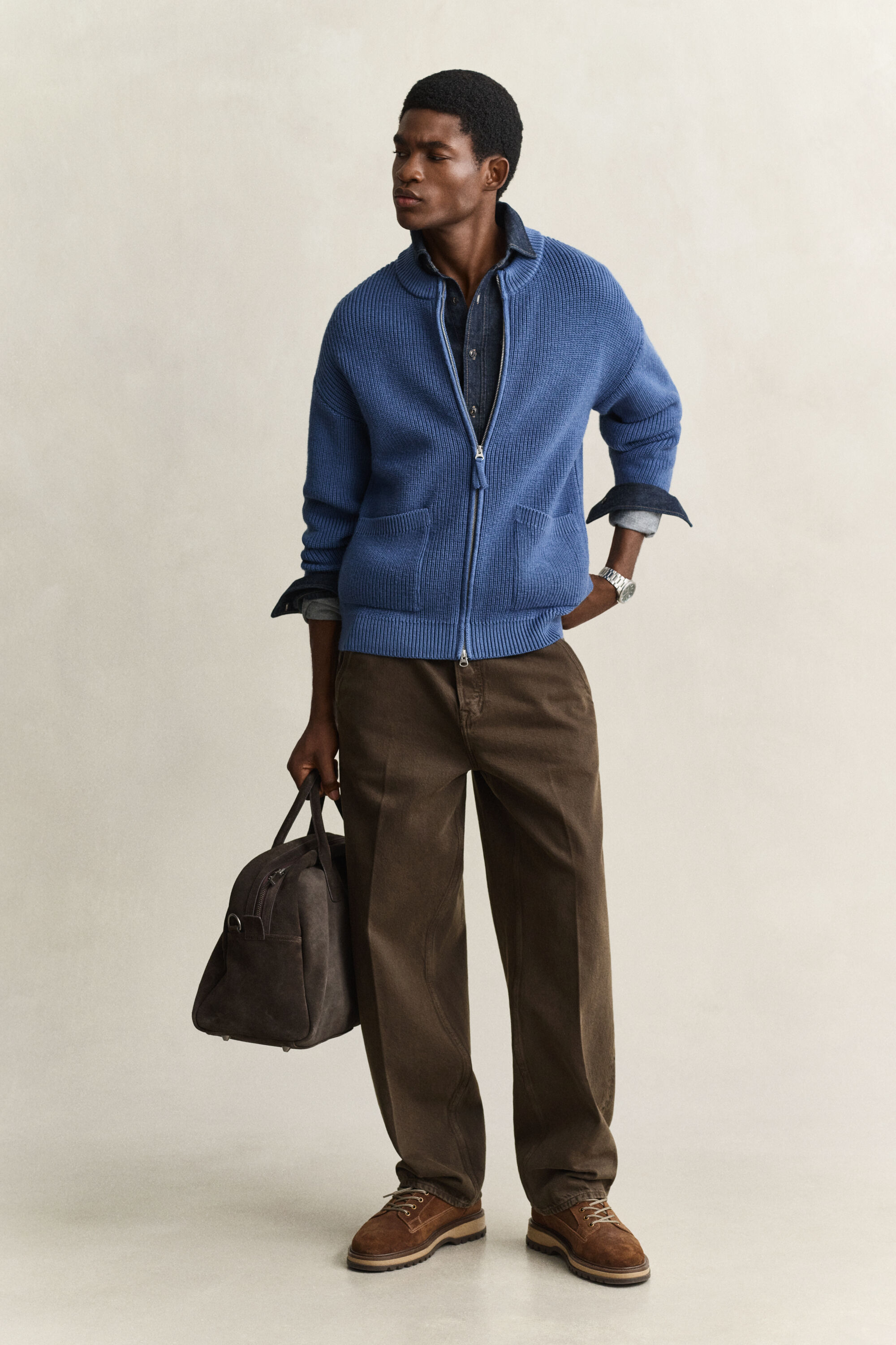 Cardigan con zip in lana a coste