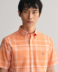 Camicia a maniche corte in misto cotone-lino a quadri regular fit