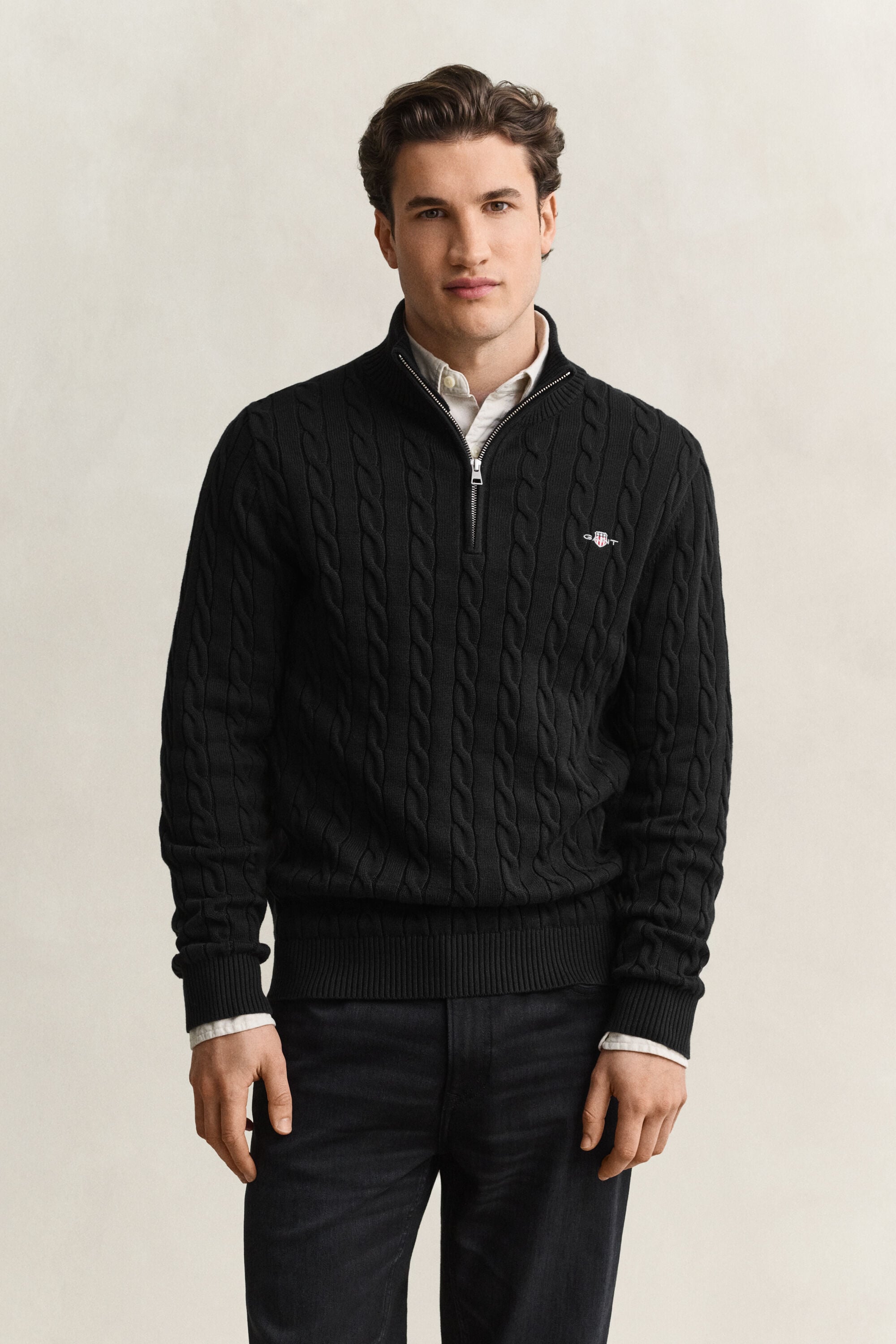 Maglia con zip corta in cotone a trecce