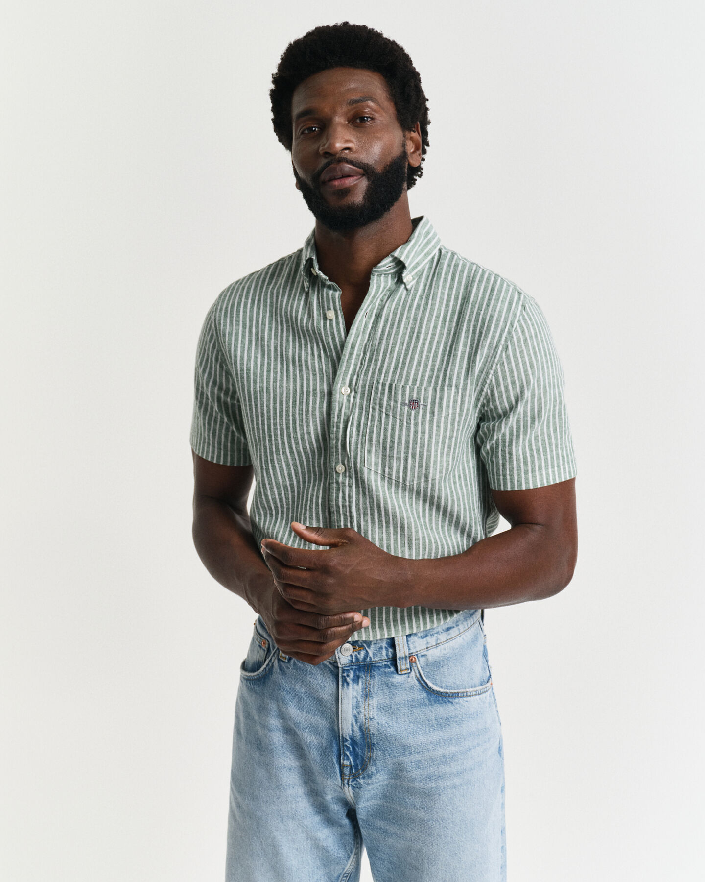 Camicia a maniche corte in misto cotone-lino regular fit