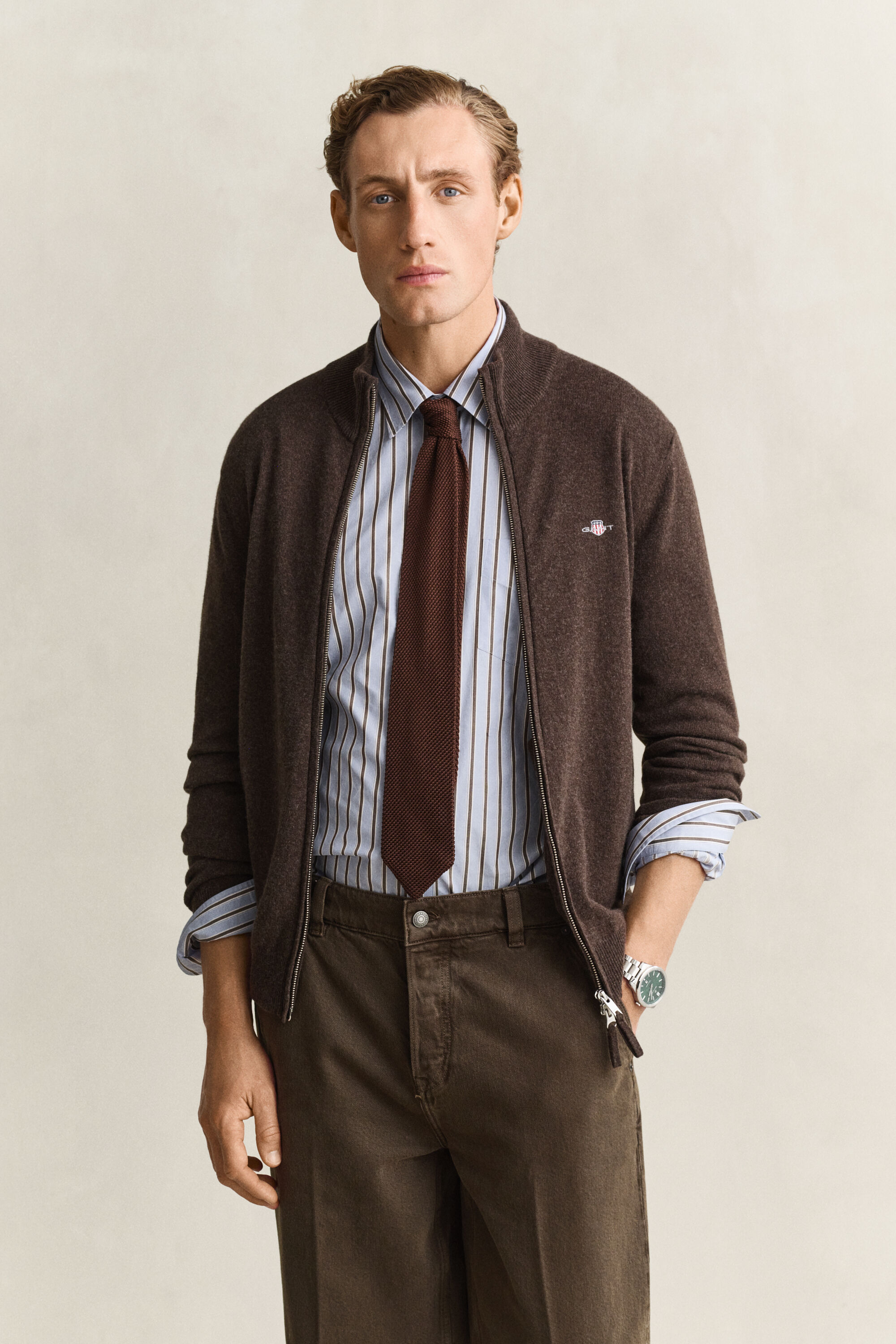 Cardigan con zip in lana d’agnello