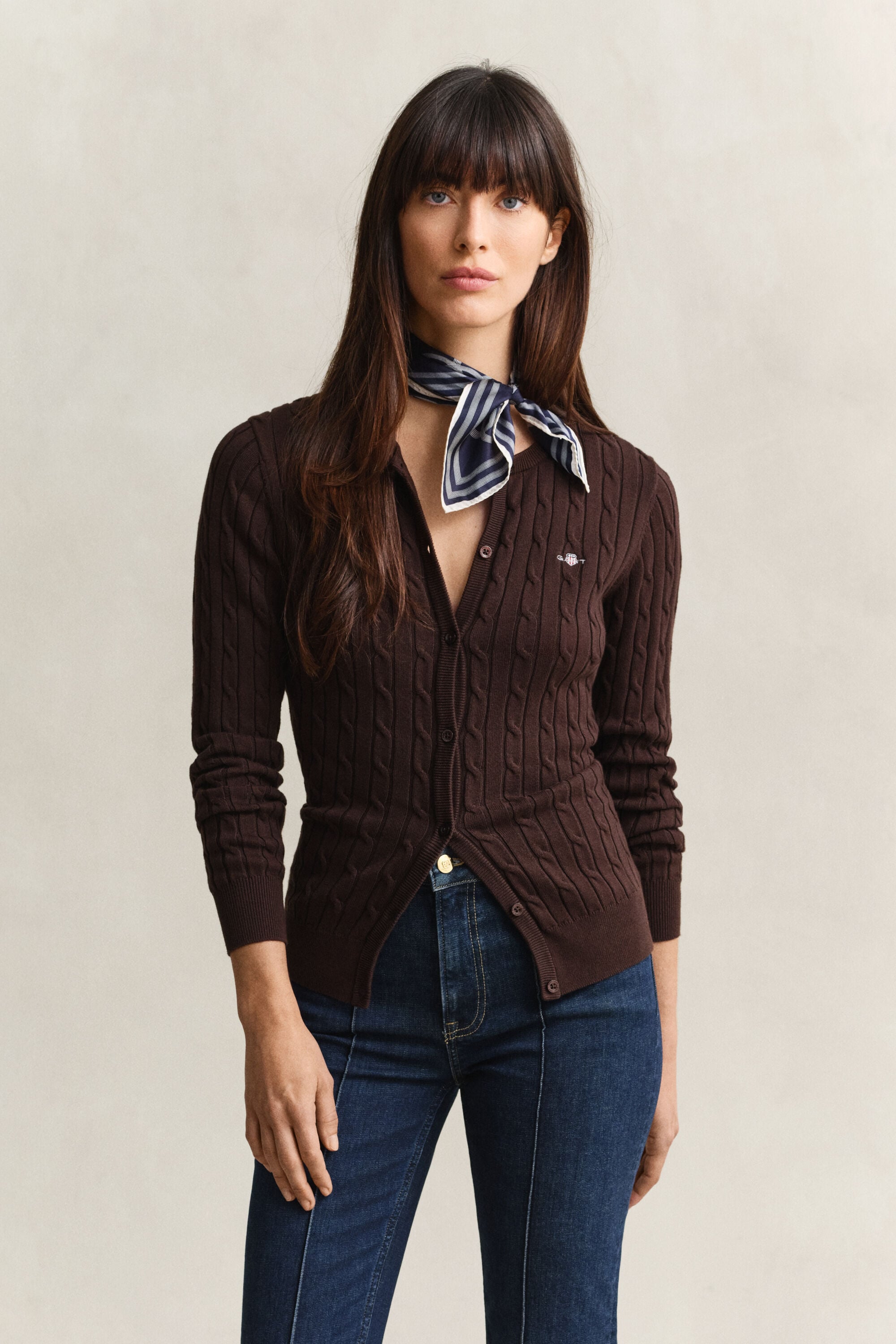 Cardigan in maglia di cotone elasticizzato a trecce
