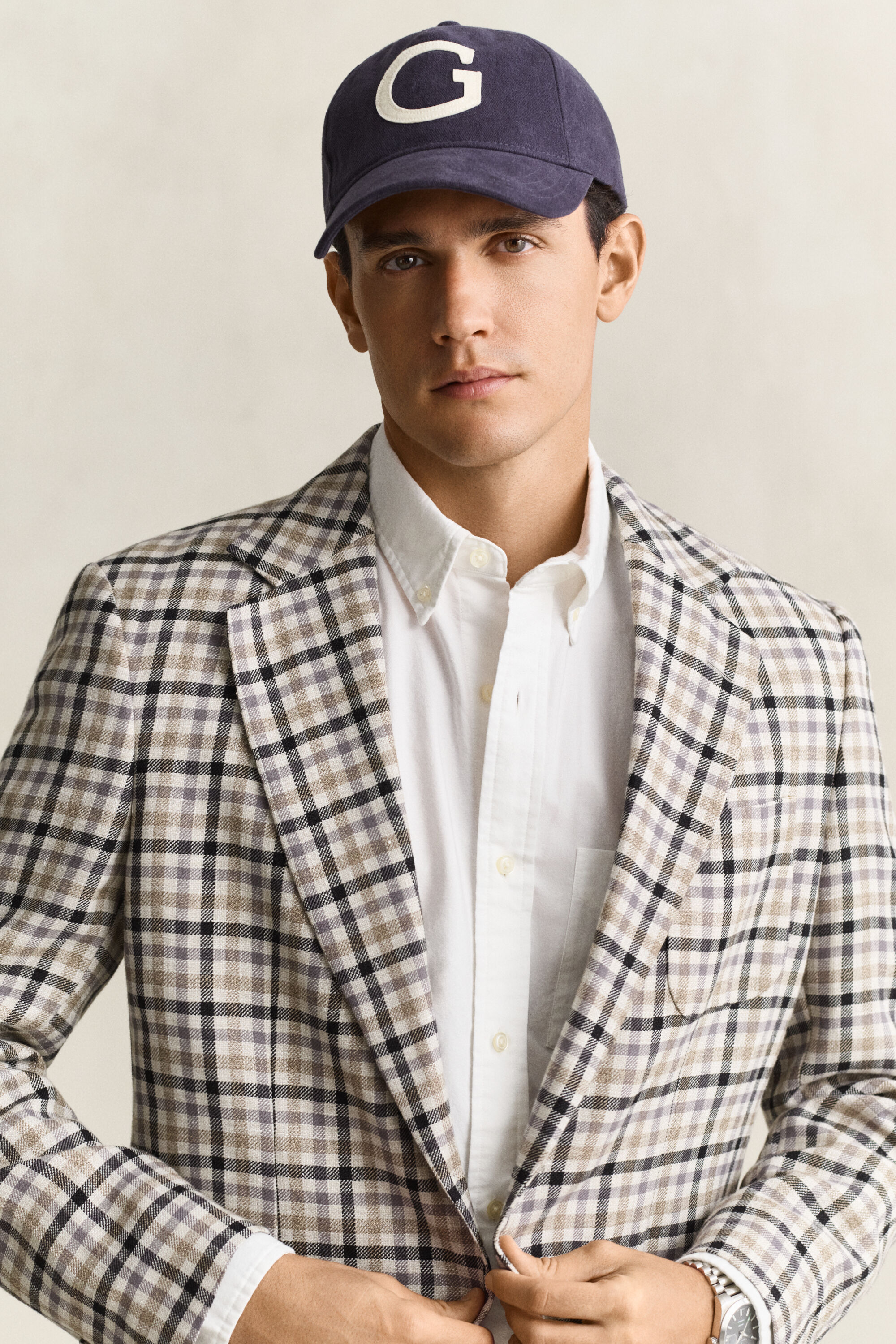 Blazer a quadri in lana e lino
