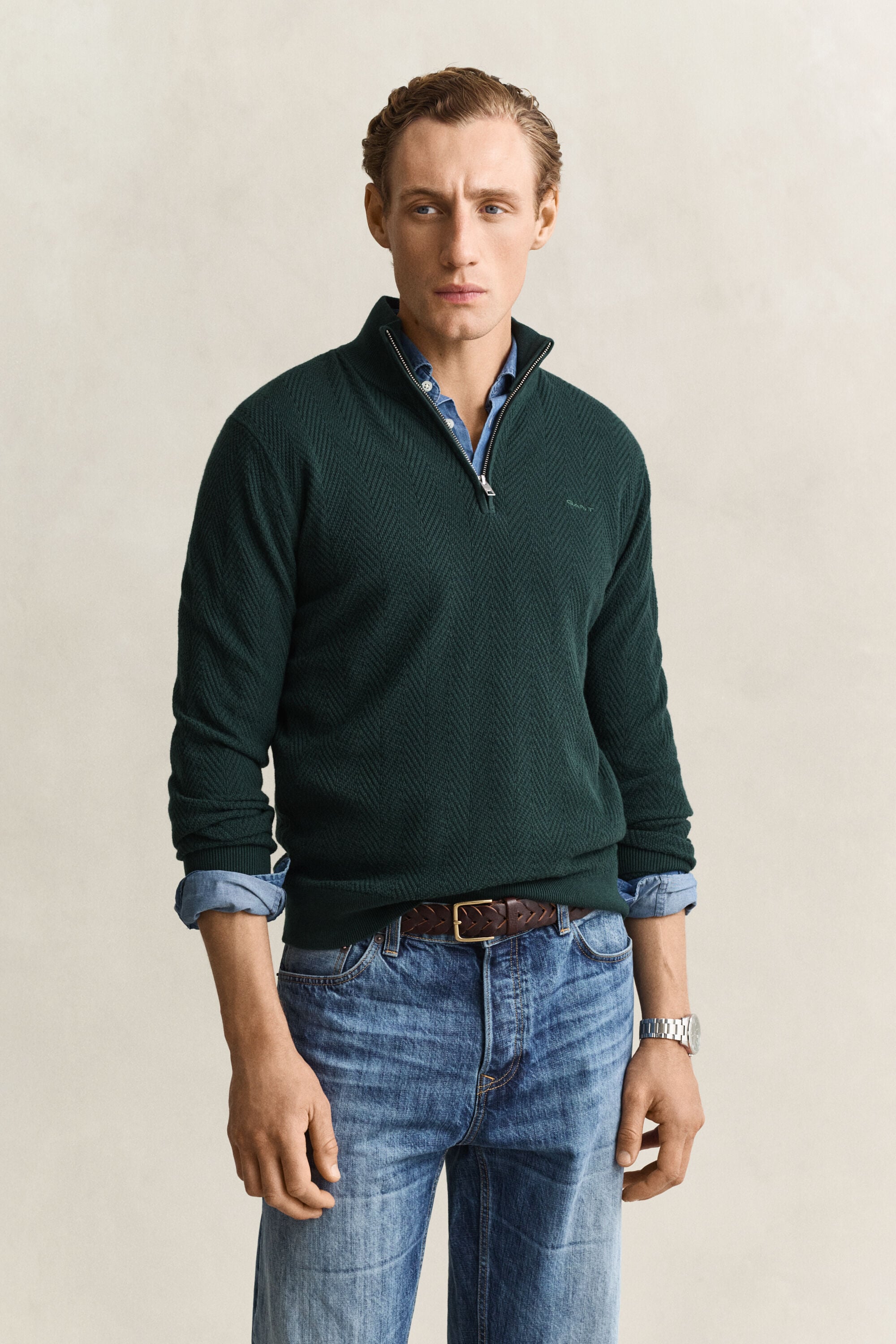 Maglia con motivo a spina di pesce con zip corta