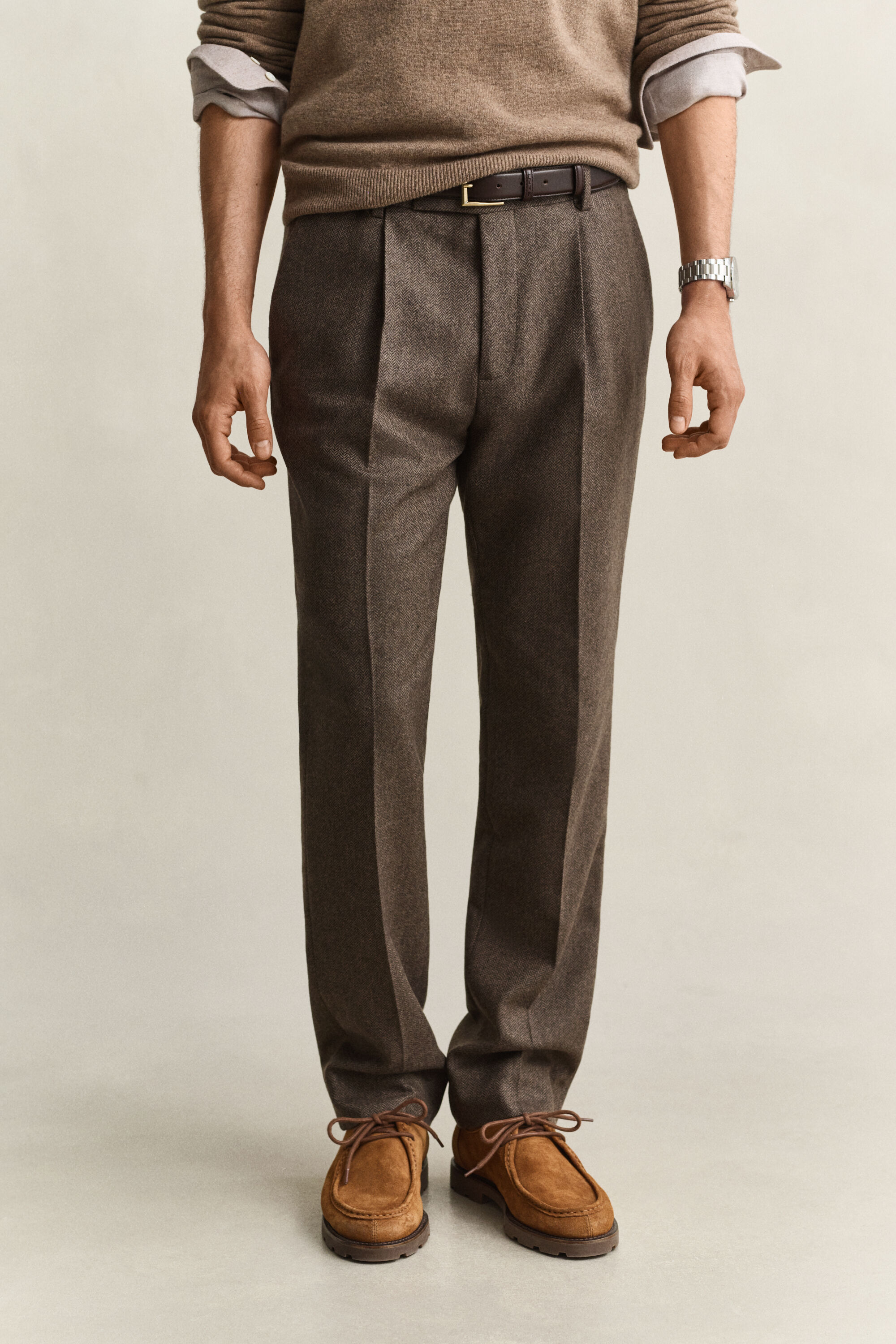 Pantaloni da abito con motivo a spina di pesce in lana