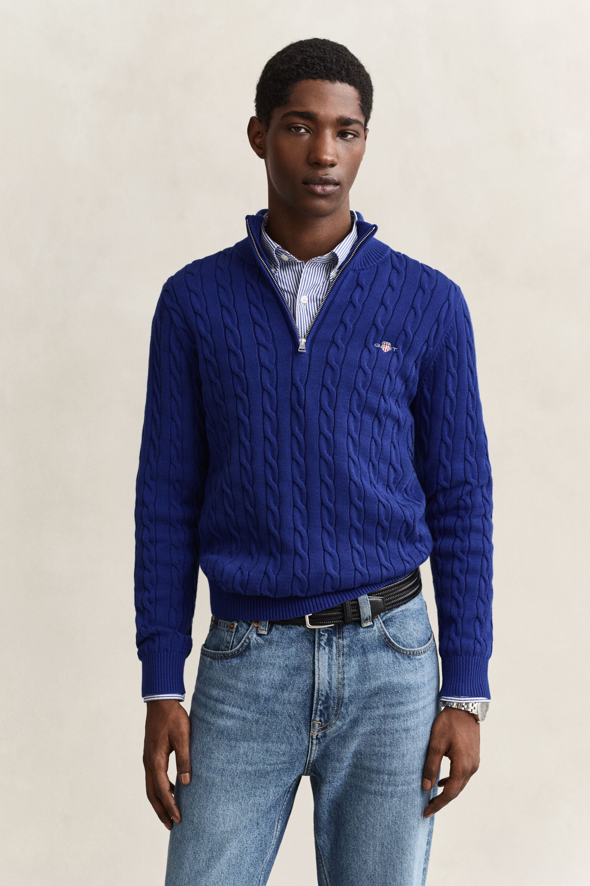 Maglia con zip corta in cotone a trecce