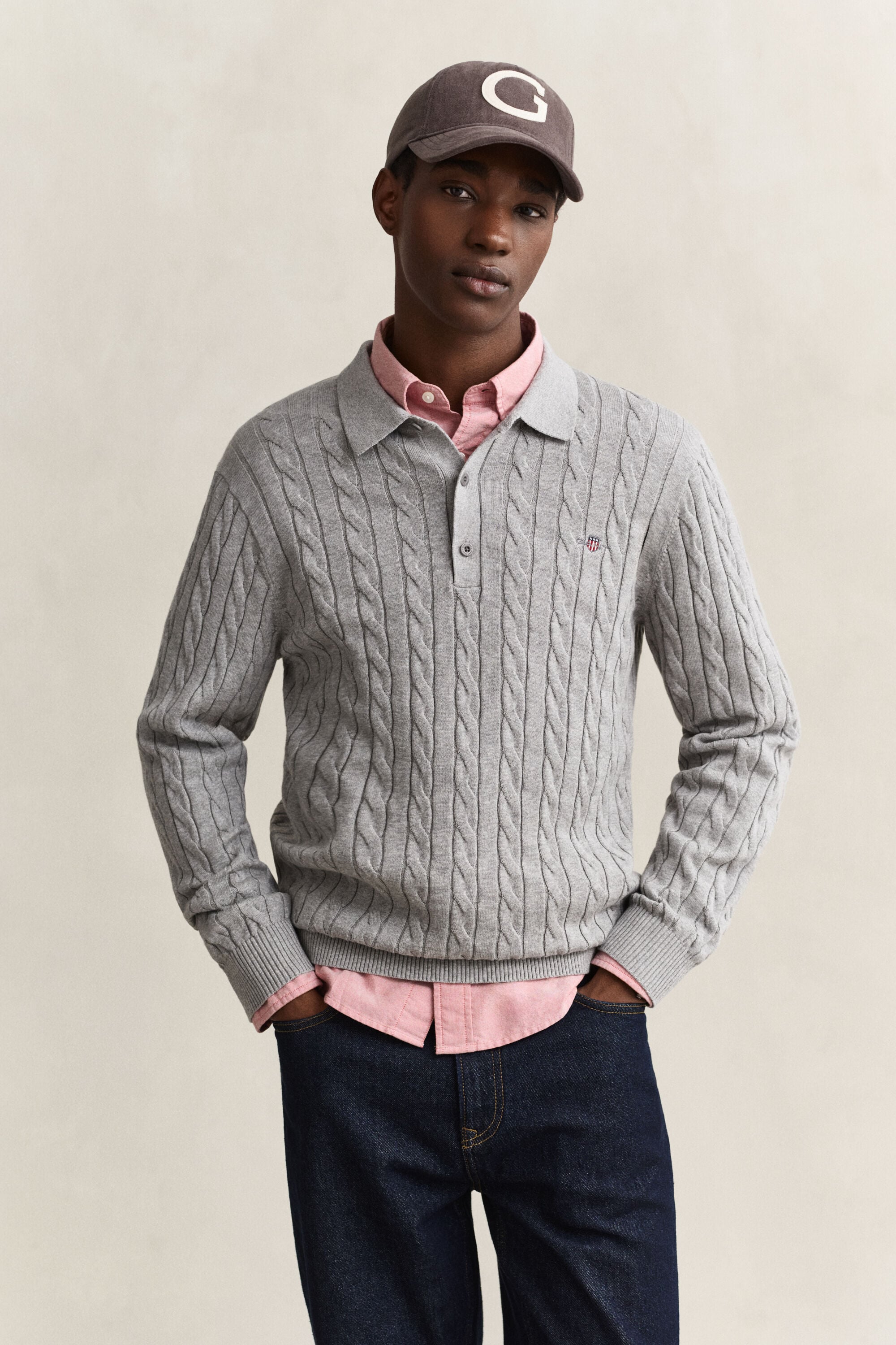 Polo in maglia a trecce in cotone