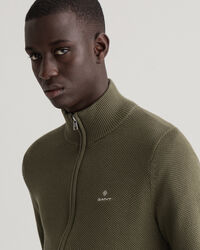 Cardigan in piqu&eacute; di cotone con zip corta