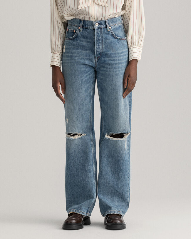 Jeans a vita alta e gamba dritta con strappi relaxed fit