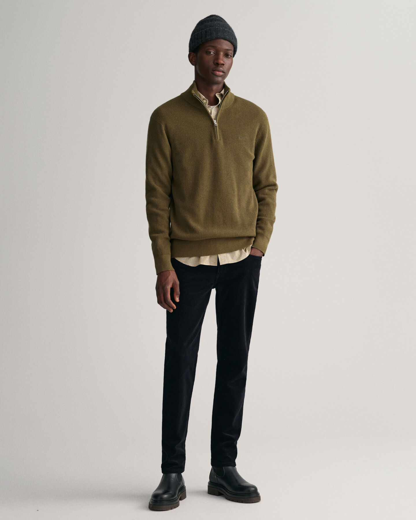 Maglia in cotone e lana a coste con zip corta