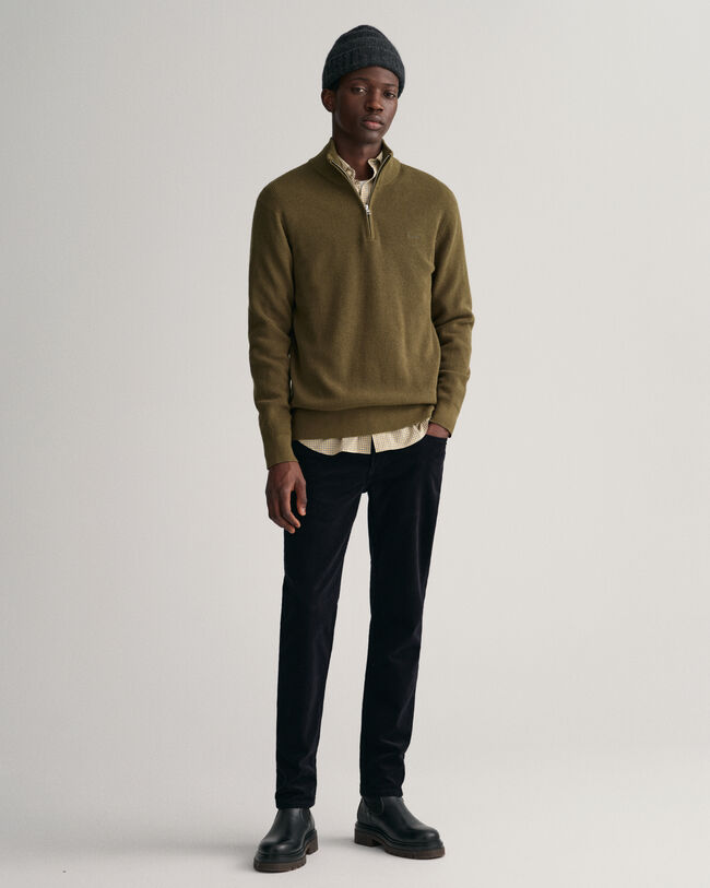 Maglia in cotone e lana a coste con zip corta