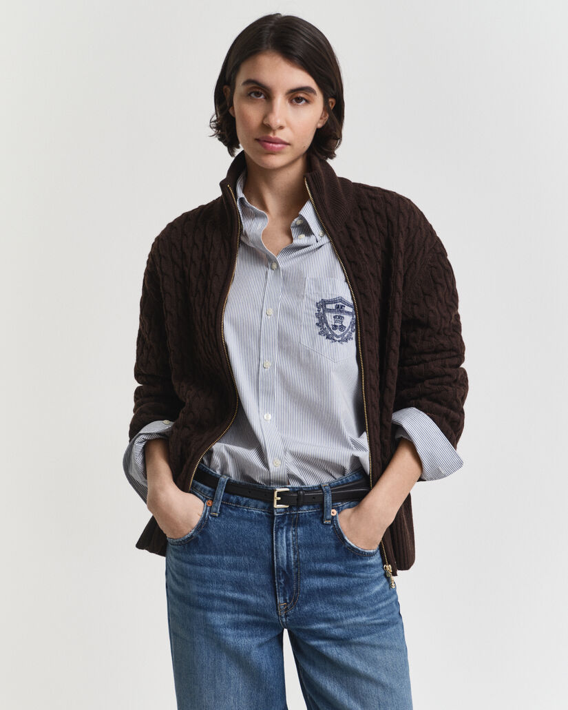 Cardigan con zip lavorato a trecce