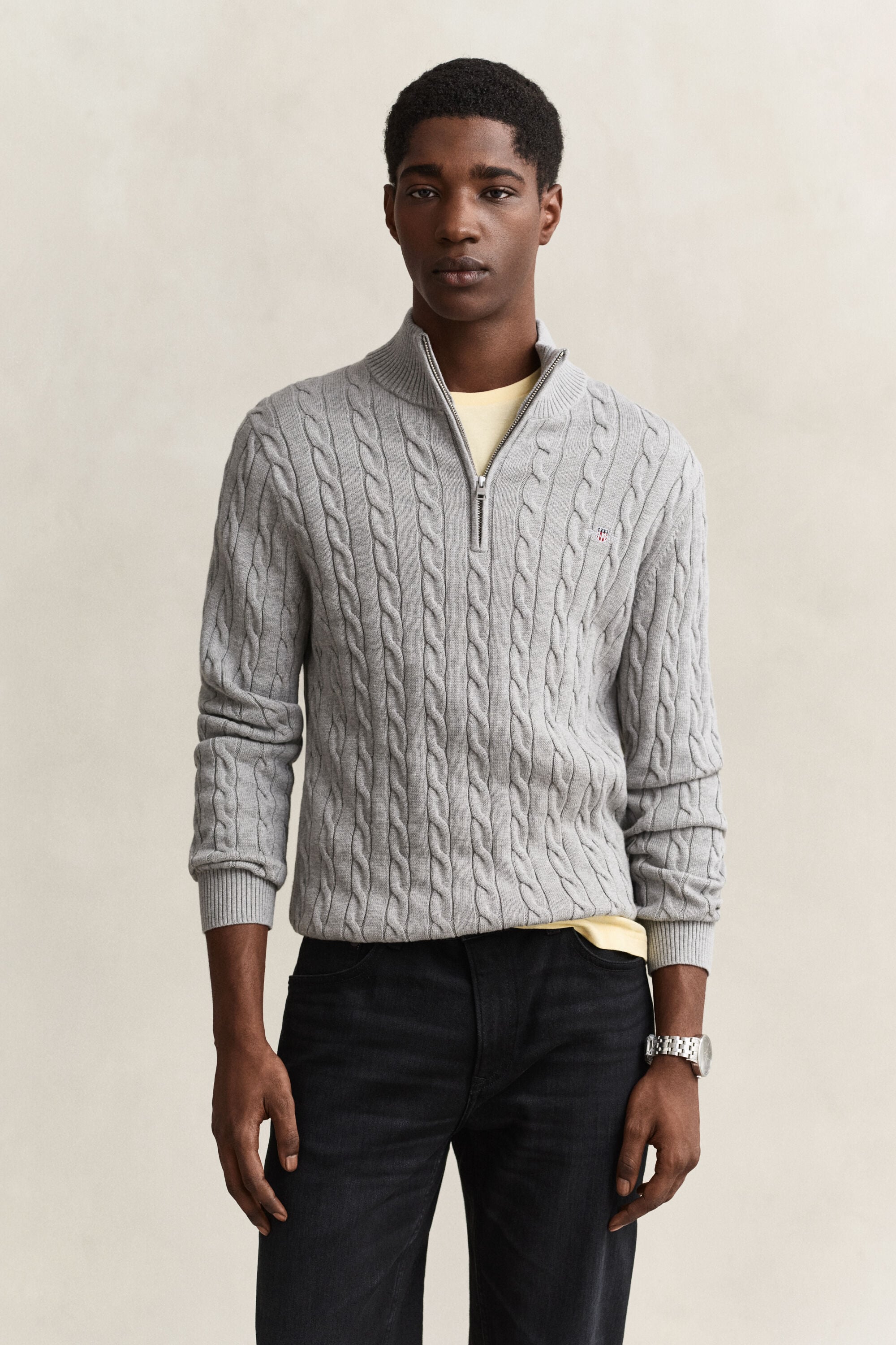 Maglia con zip corta in cotone a trecce