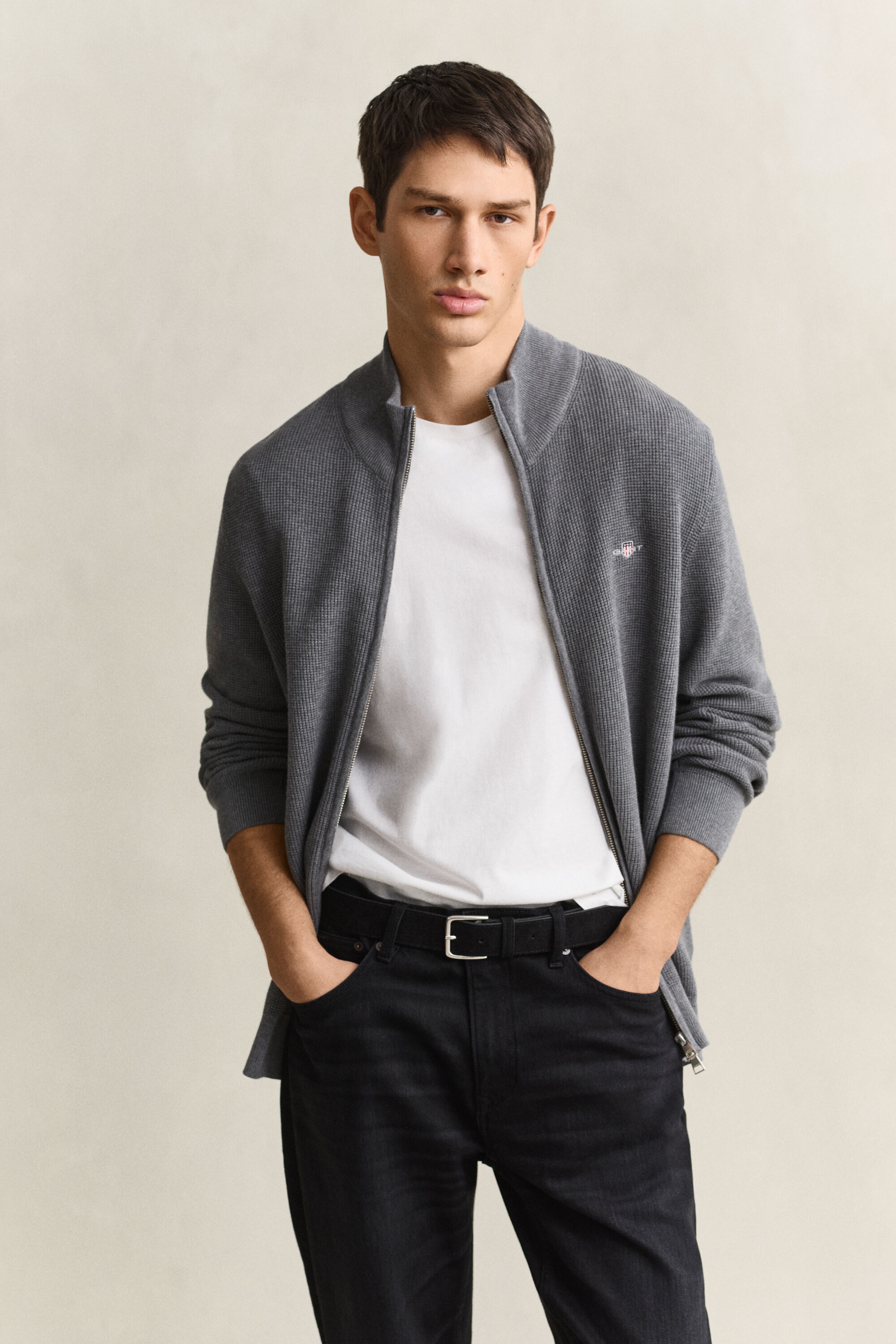 Cardigan con zip in cotone testurizzato