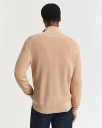 Maglia con zip corta in cotone e lana merino a coste