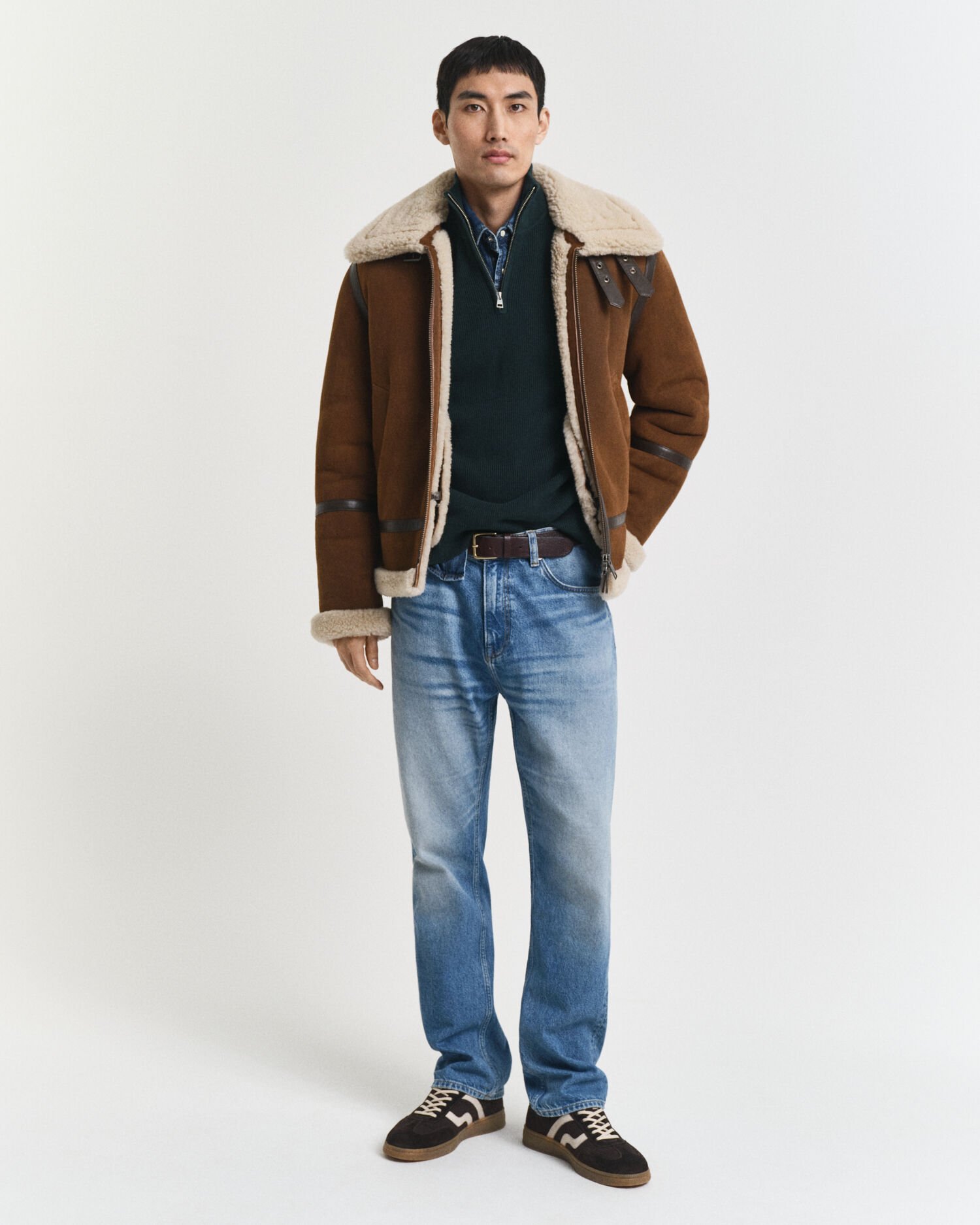 Maglia con zip corta in cotone e lana merino a coste