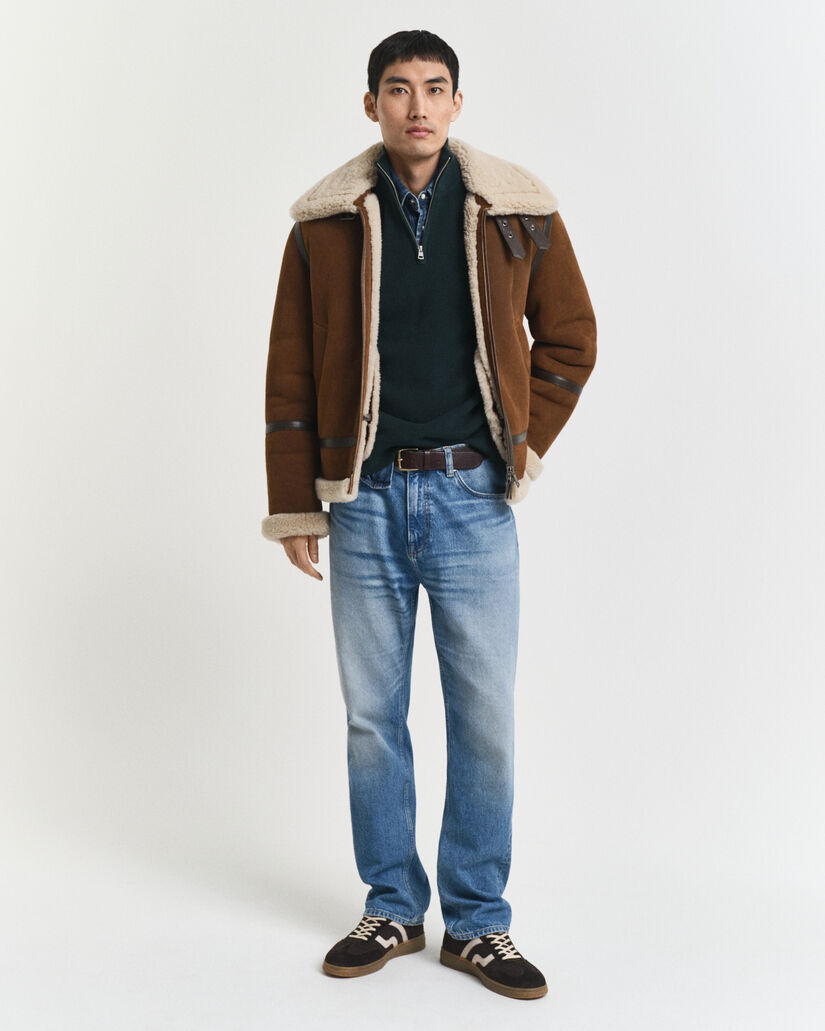 Maglia con zip corta in cotone e lana merino a coste