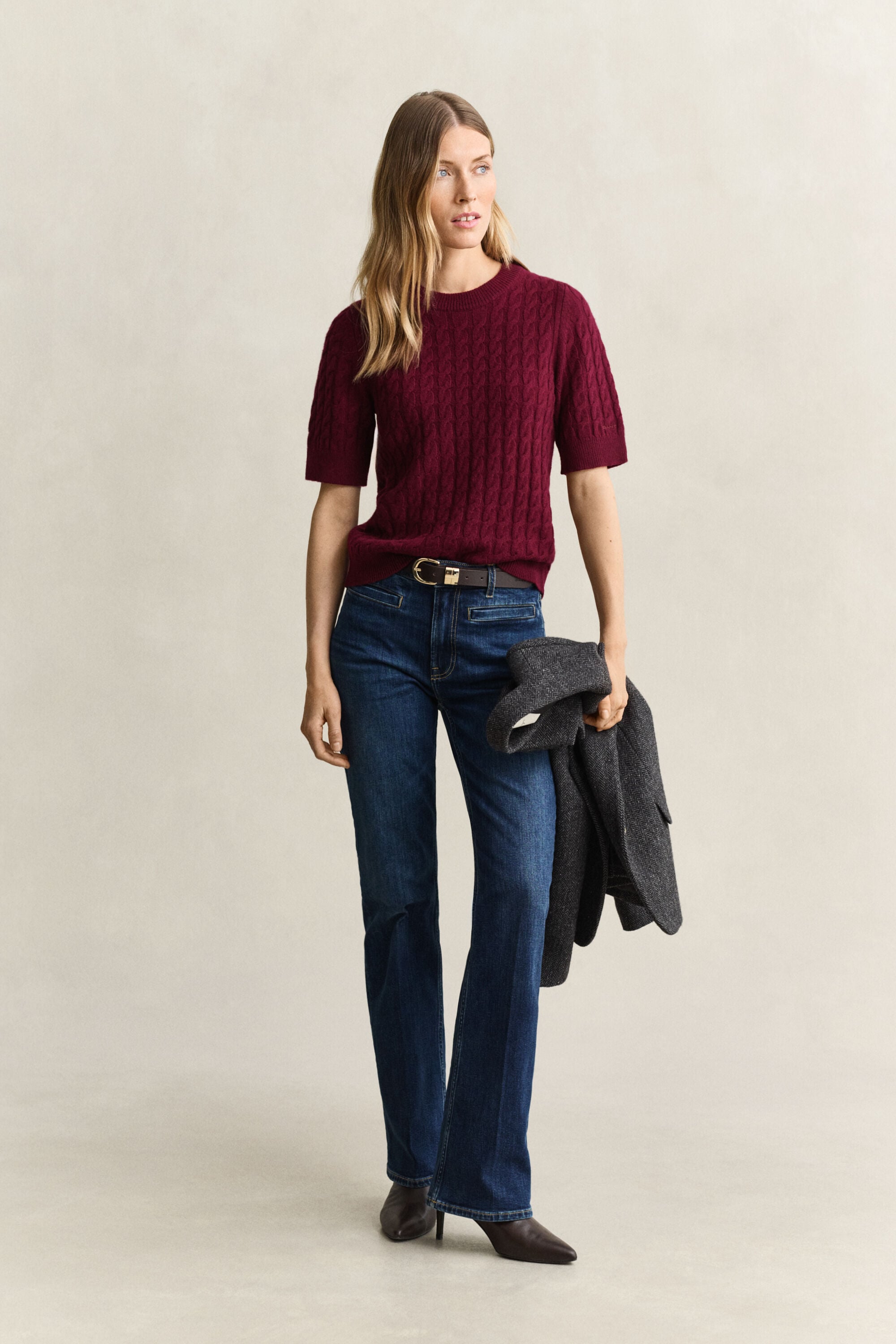 Maglia a trecce con maniche corte in lana e cashmere