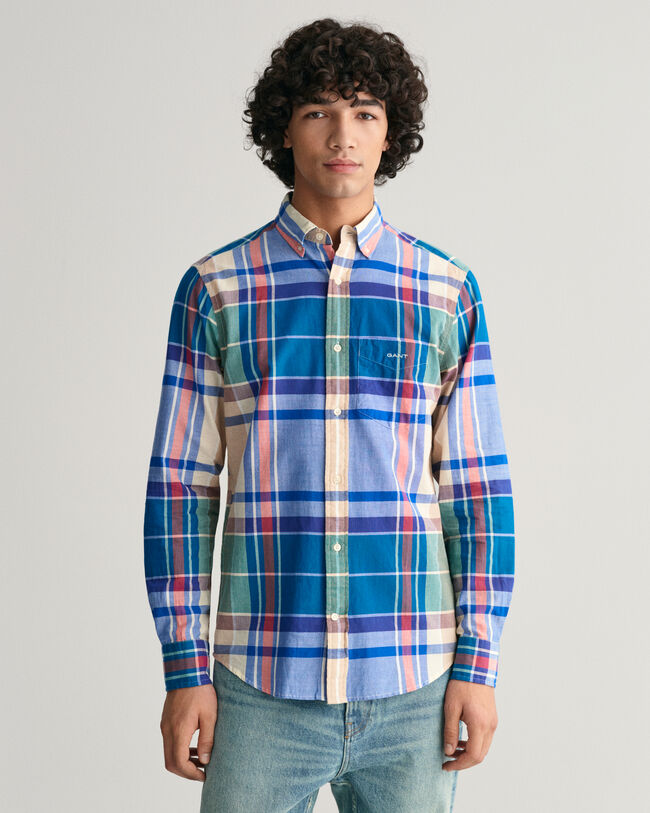Camicia di lino a quadri madras Indigo regular fit