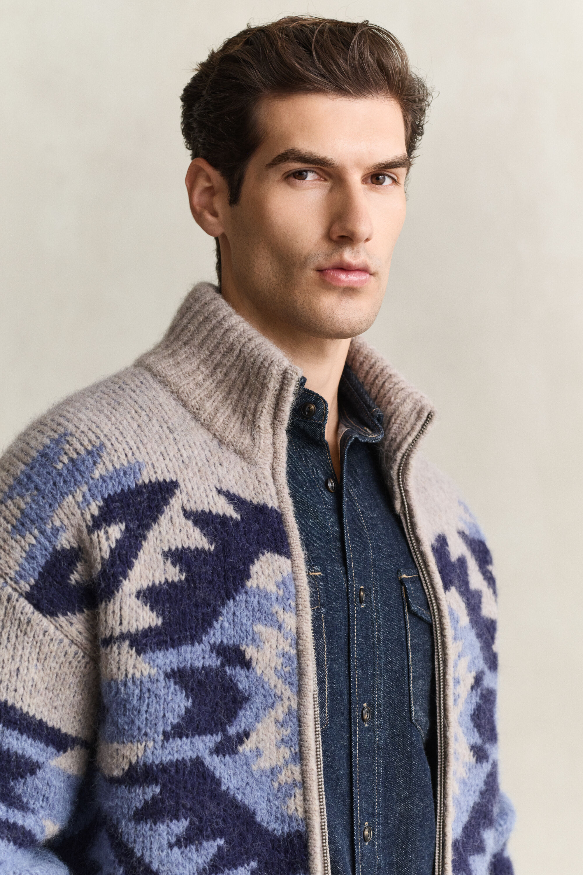 Cardigan con zip in jacquard di misto lana d’alpaca
