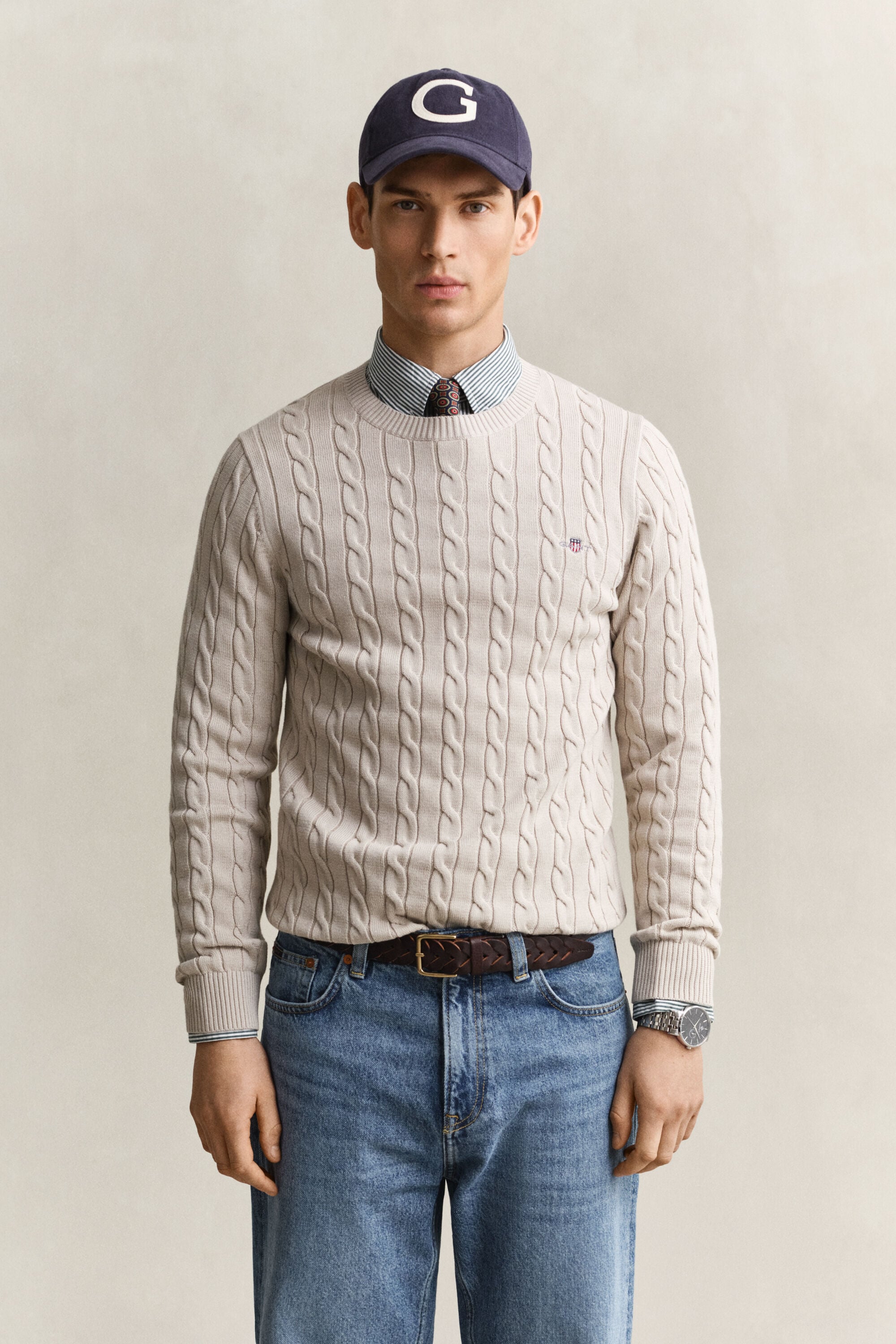 Maglia girocollo in cotone a trecce