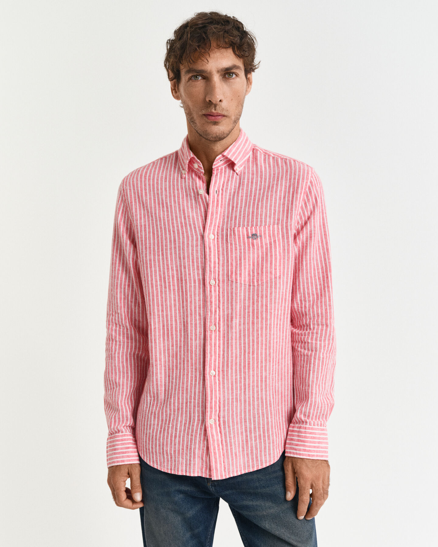 Camicia in misto cotone-lino a righe regular fit