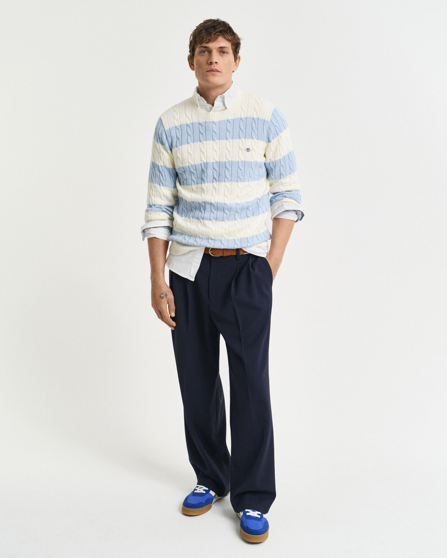 Maglia girocollo in cotone a trecce a righe