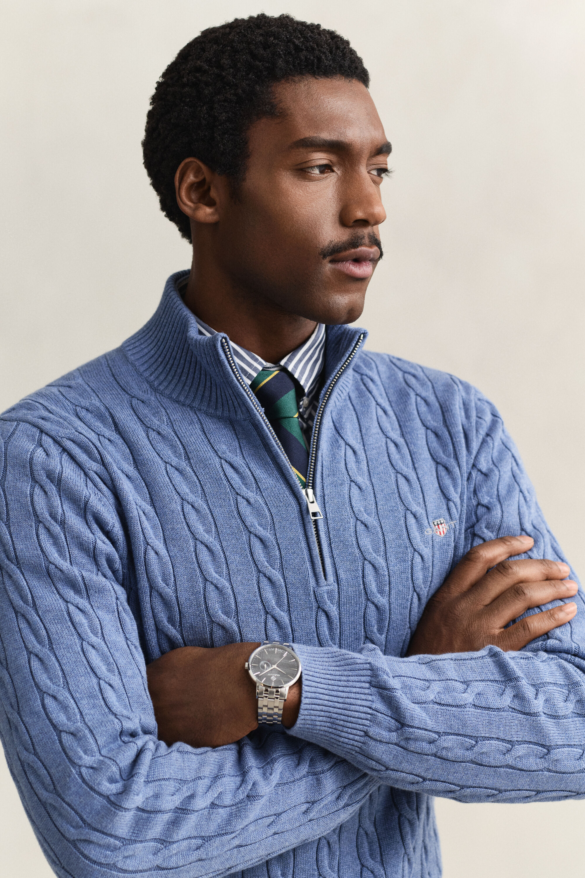 Maglia con zip corta in cotone a trecce