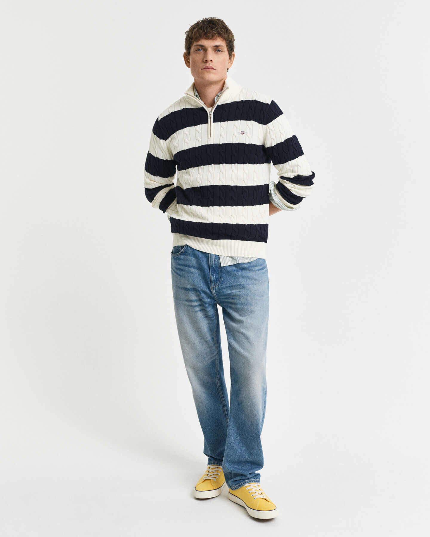 Maglia a righe in cotone a trecce con zip corta