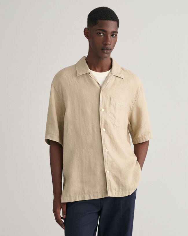 Camicia di lino tinto in capo maniche corte relaxed fit