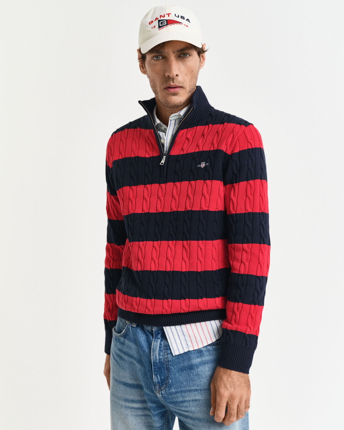 Maglia a righe in cotone a trecce con zip corta