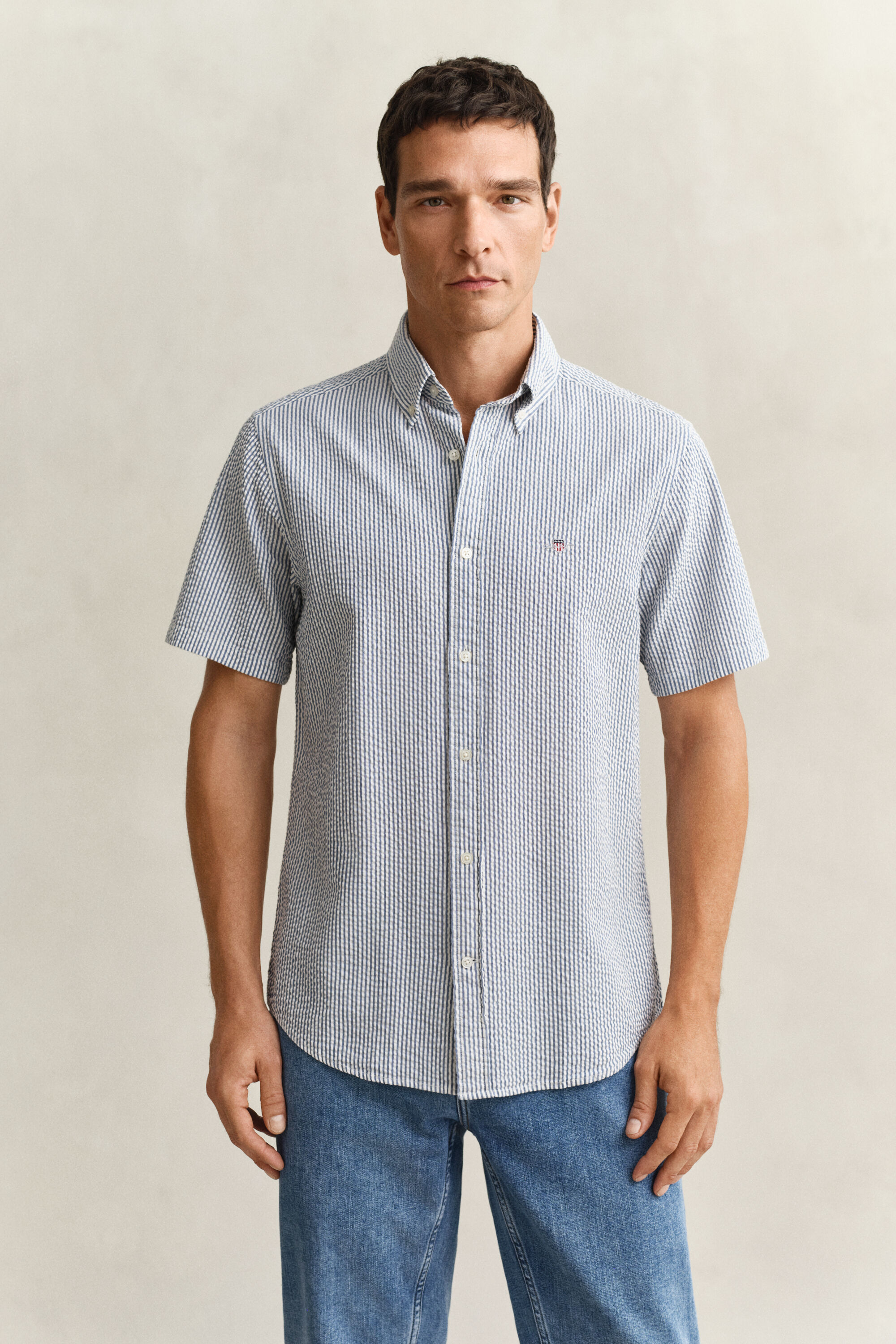 Camicia a maniche corte in seersucker a righe