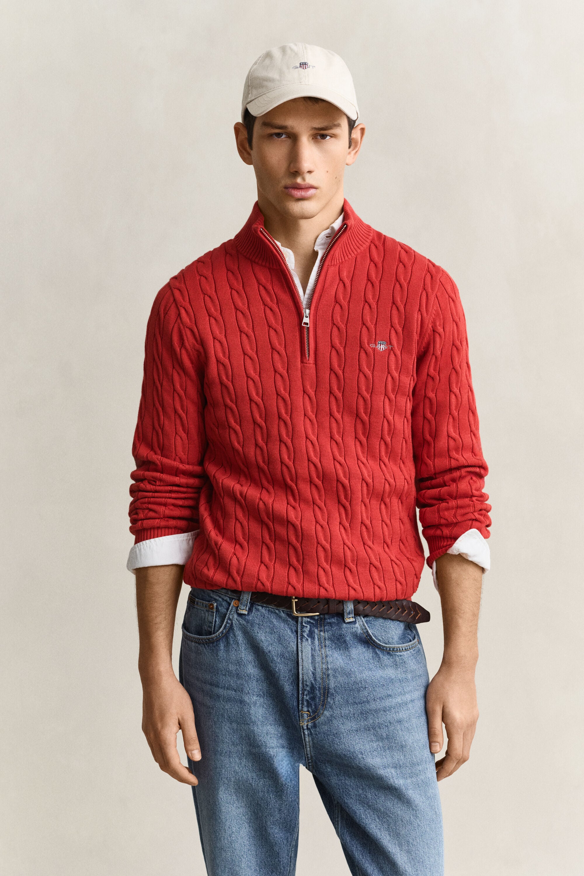 Maglia con zip corta in cotone a trecce