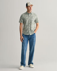 Camicia a maniche corte in misto cotone-lino con stampa floreale regular fit