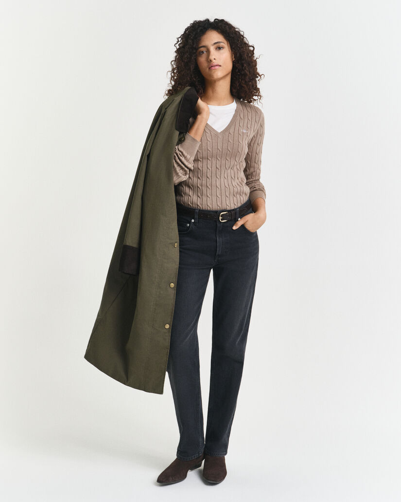 Maglia con scollo a V in cotone elasticizzato a trecce