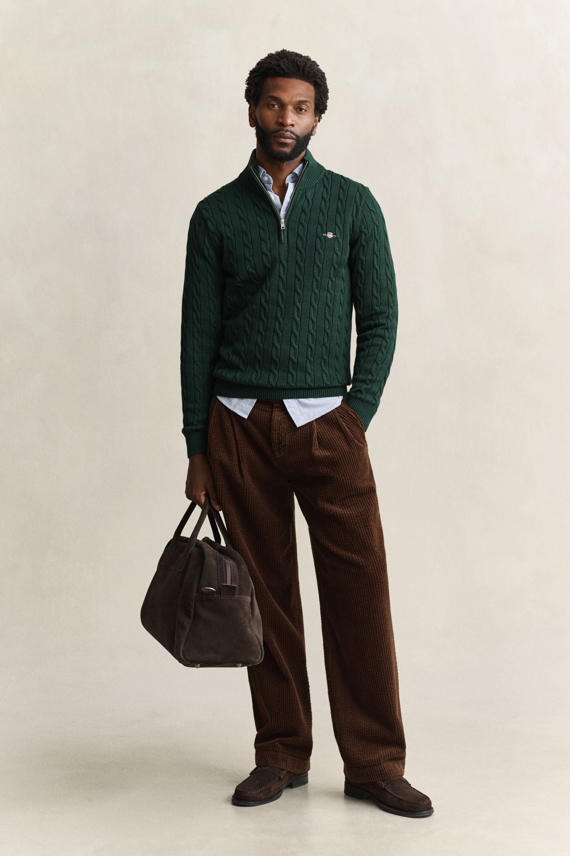 Maglia con zip corta in cotone a trecce