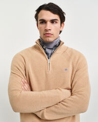 Maglia con zip corta in cotone e lana a coste