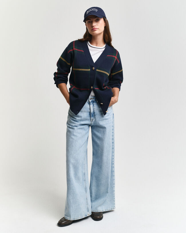 Cardigan a quadri con scollo a V