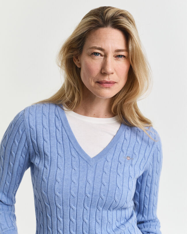 Maglia con scollo a V in cotone elasticizzato a trecce