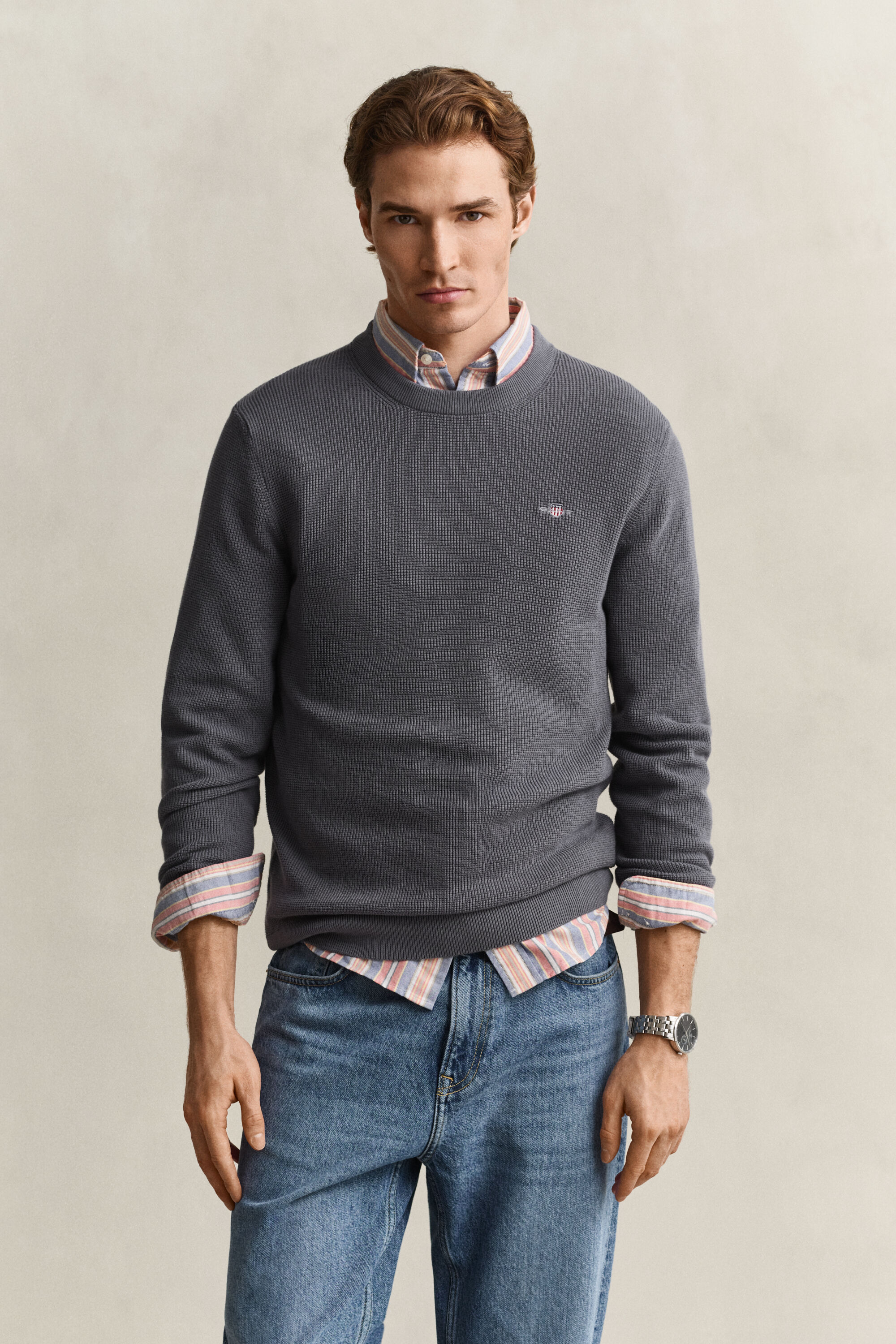 Maglia girocollo in cotone testurizzato