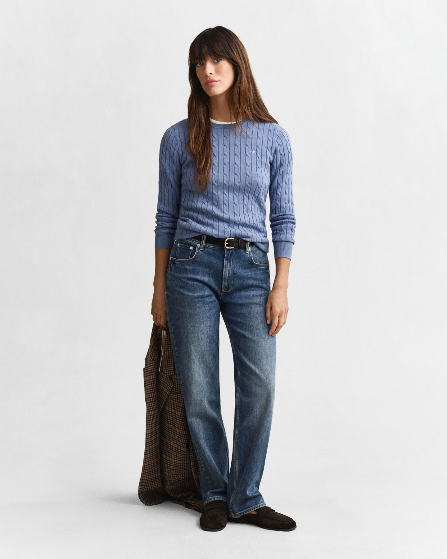 Maglia girocollo in cotone elasticizzato a trecce