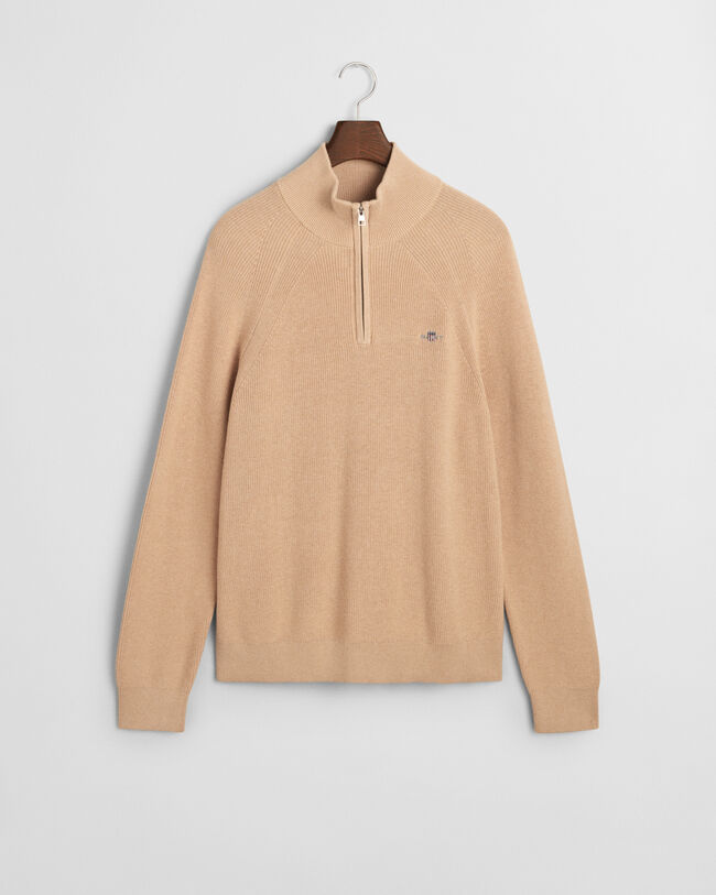 Maglia con zip corta in cotone e lana a coste