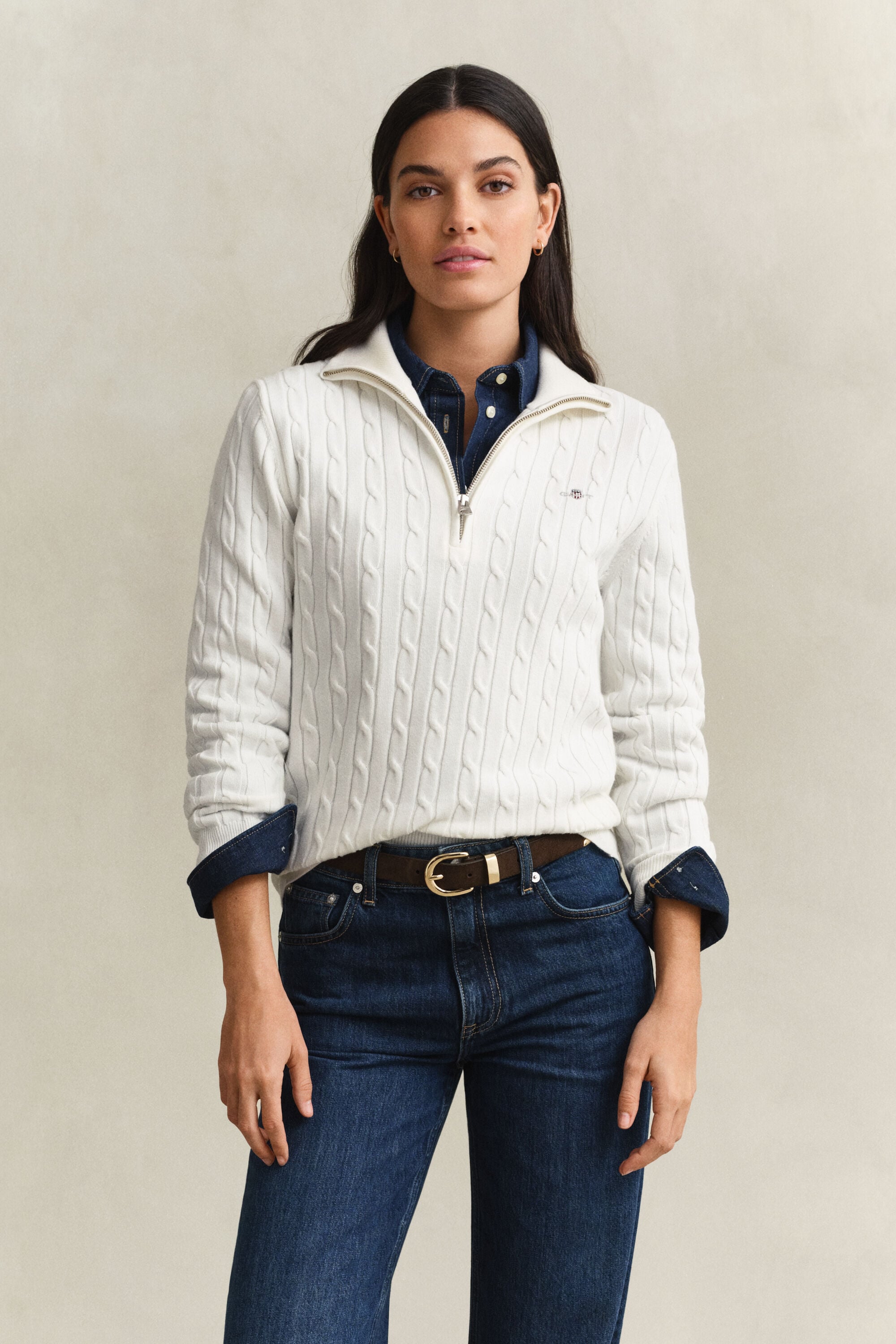 Maglia con zip corta elasticizzata a trecce
