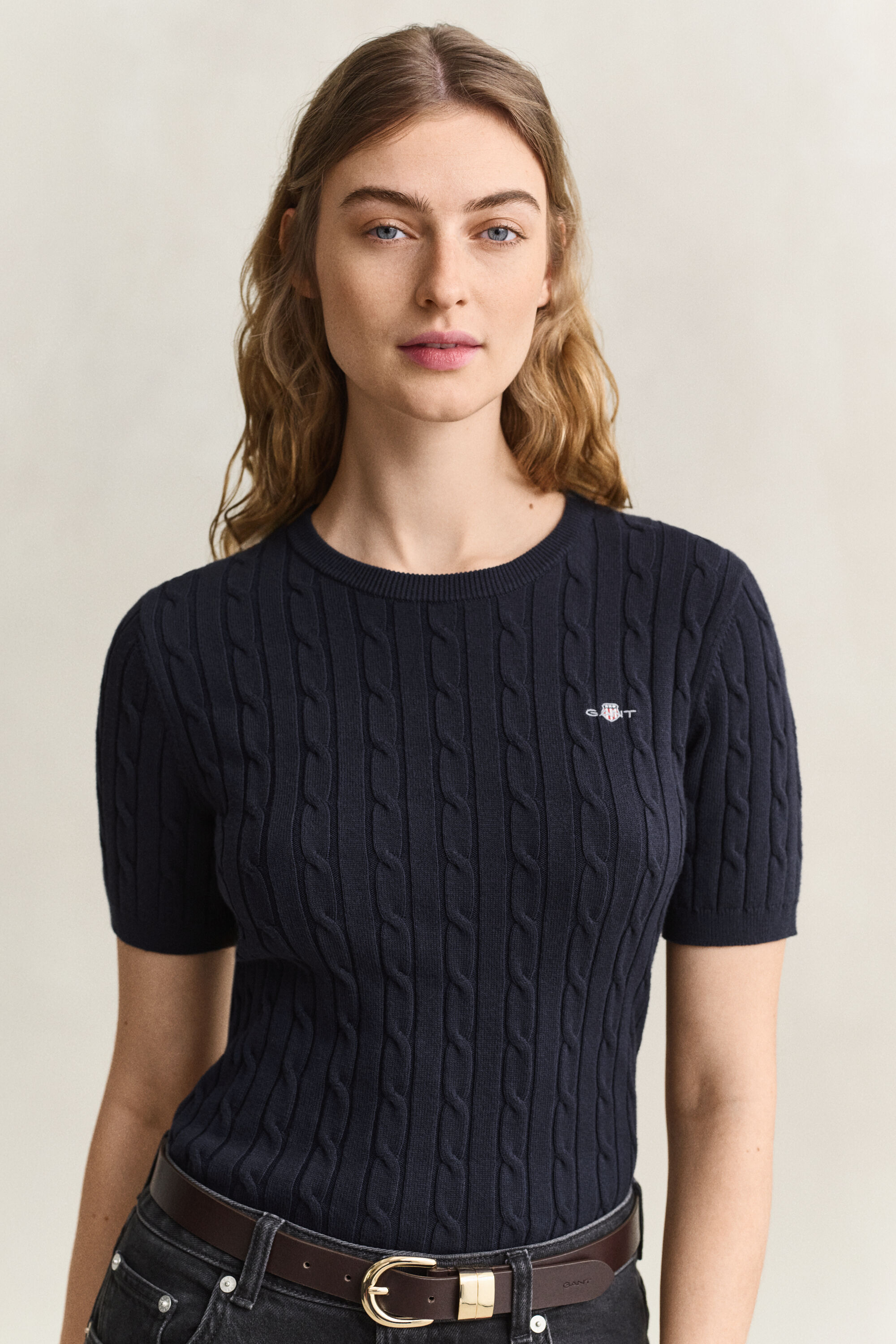 Maglia a trecce maniche corte in cotone elasticizzato