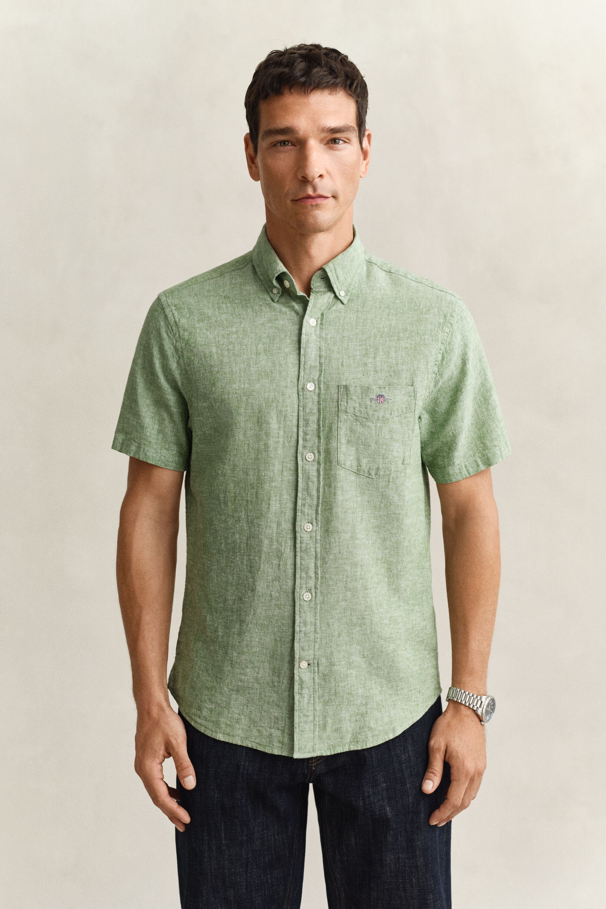 Camicia a maniche corte in misto lino