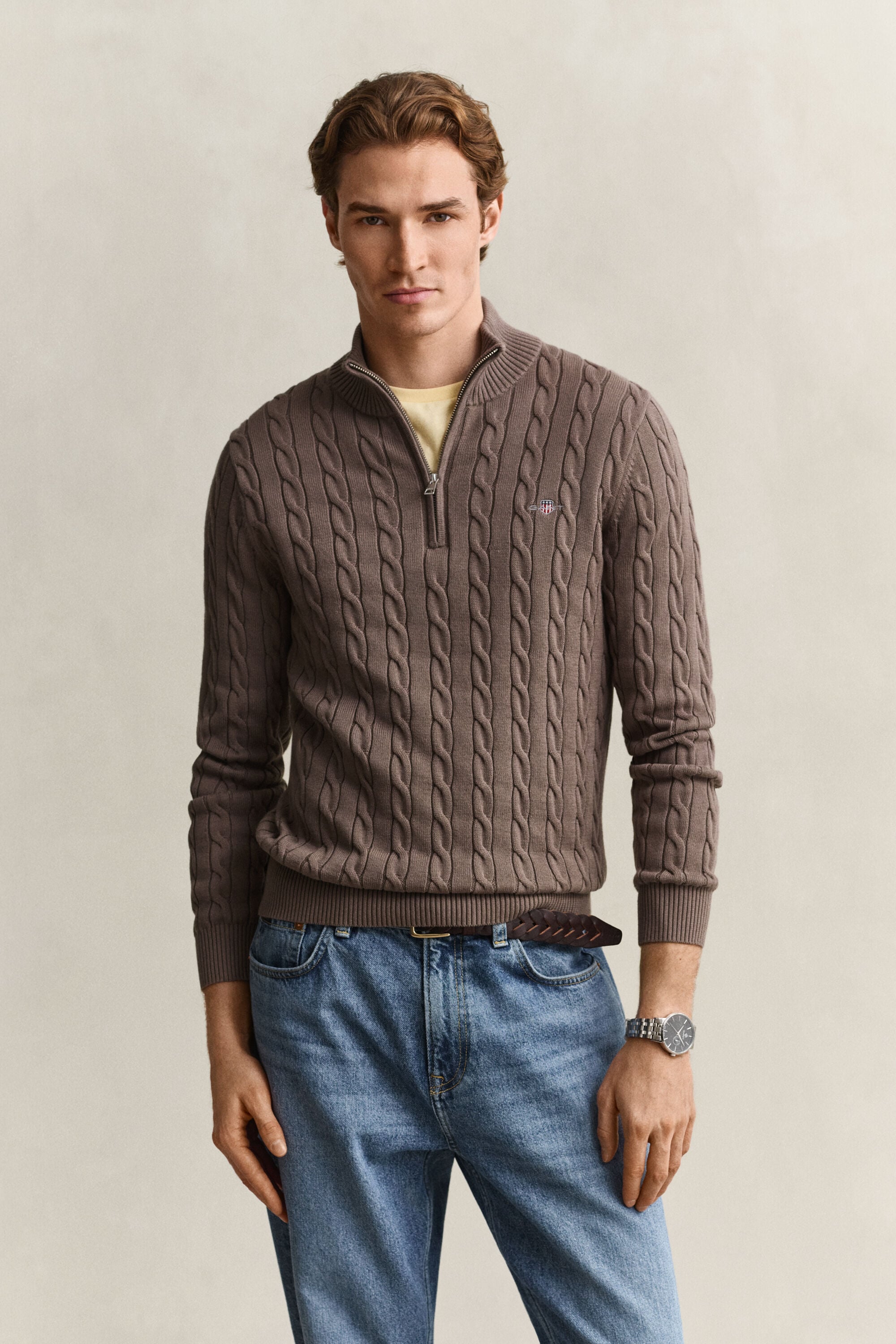 Maglia con zip corta in cotone a trecce