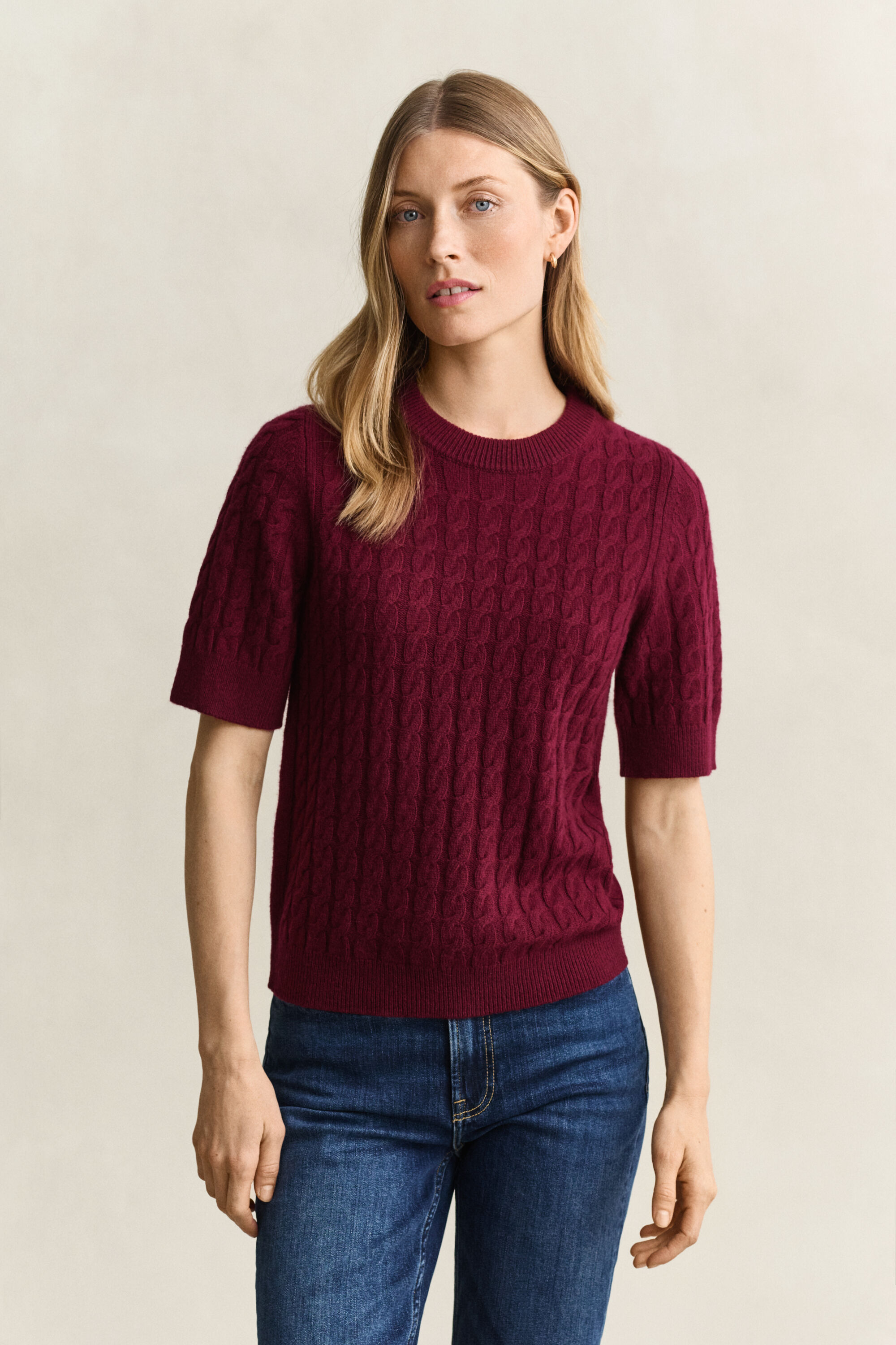 Maglia a trecce con maniche corte in lana e cashmere